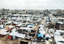 This photograph shows a displacement camp in Gaza City. The United Nations Security Council has backed a resolution aimed at bolstering peace for Gaza. AFP