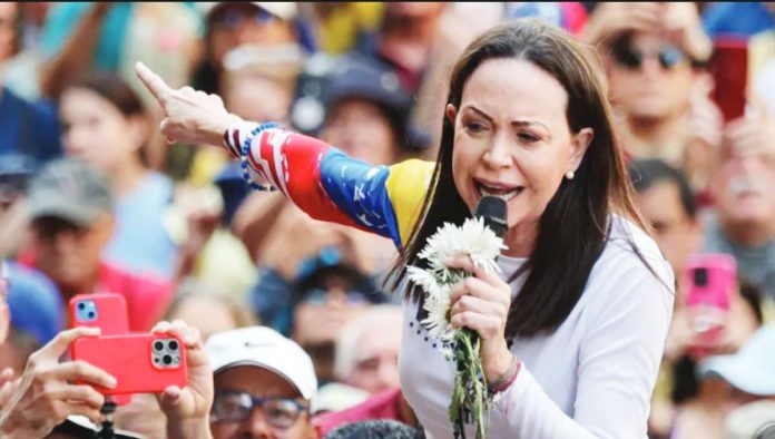 Venezuela Venezuela opposition leader Maria Corina Machado speaks to the crowd. GETTY IMAGES
