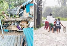 ‘TINO’ UNLEASHES FURY: Howling winds, rains, coastal flooding wreak havoc across WV Strong winds and rains brought by Typhoon “Tino” battered Western Visayas, causing floods, damaged houses and other structures, and toppled trees, on Tuesday, Nov. 4, 2025. Photos show an uprooted tree falling on a house in Jordan, Guimaras (left) and residents wading through floodwaters in Anini-y, Antique (right). WANDERVERSE FACEBOOK / K5 NEWS FM ILOILO PHOTOS