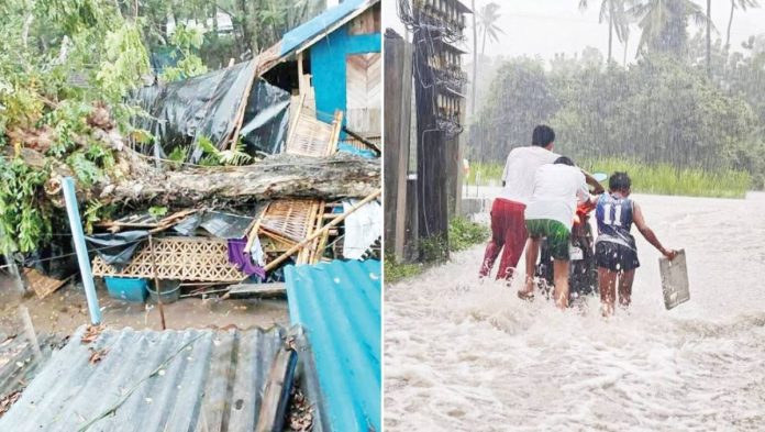 banner-tino Strong winds and rains brought by Typhoon “Tino” battered Western Visayas, causing floods, damaged houses and other structures, and toppled trees, on Tuesday, Nov. 4, 2025. Photos show an uprooted tree falling on a house in Jordan, Guimaras (left) and residents wading through floodwaters in Anini-y, Antique (right). WANDERVERSE FACEBOOK / K5 NEWS FM ILOILO PHOTOS