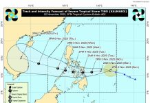 PREEMPTIVE MOVE: LGUs, schools in Western Visayas suspend classes ahead of ‘Tino’ “Tino” intensified into a severe tropical storm on Sunday afternoon, Nov. 2, 2025, and was located 805 kilometers east of Eastern Visayas as of 4 p.m. It may develop into a typhoon within the next 24 hours and make its landfall over Eastern Samar or Dinagat Islands today, Nov. 3, the Philippine Atmospheric, Geophysical and Astronomical Services Administration said in its 5 p.m. advisory. PHOTO FROM DOST-PAGASA