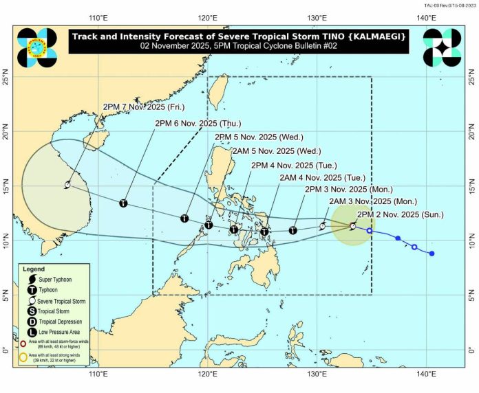 front pic_compressed “Tino” intensified into a severe tropical storm on Sunday afternoon, Nov. 2, 2025, and was located 805 kilometers east of Eastern Visayas as of 4 p.m. It may develop into a typhoon within the next 24 hours and make its landfall over Eastern Samar or Dinagat Islands today, Nov. 3, the Philippine Atmospheric, Geophysical and Astronomical Services Administration said in its 5 p.m. advisory. PHOTO FROM DOST-PAGASA