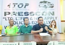 Panay Island ‘white’ taxi operators question ‘blue’ cabs’ compliance process; Fair enforcement of regulations sought from LTFRB, LTO Atty. Bjorn Denfield Hudierez (4th from left), legal counsel of local taxi operators in Panay Island, speaks during a press conference calling on the Land Transportation Franchising and Regulatory Board and the Land Transportation Office to act on the operators’ complaints regarding the operation of newcomer blue taxis. With him are officials of local taxi alliances.