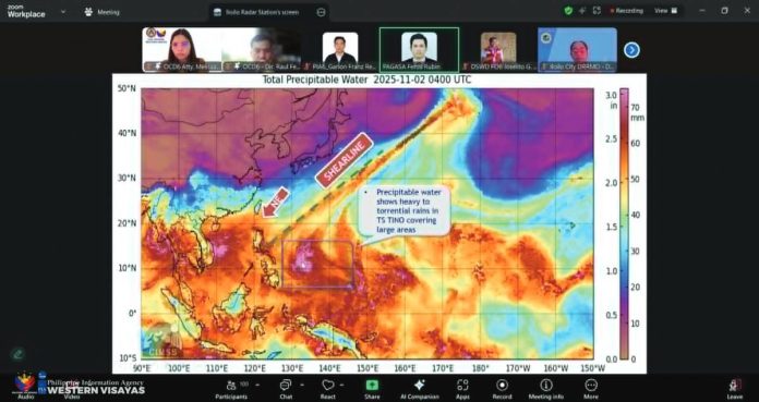 neljoy WV barangays copy The Philippine Atmospheric, Geophysical and Astronomical Services Administration shows a precipitable water map indicating shearline interaction and swaths of heavy to torrential rain from Typhoon “Tino” during the Nov. 2 virtual emergency meeting of the Western Visayas Regional Disaster Risk Reduction and Management Council. Authorities said 3,227 barangays are at risk of flooding and landslides as the storm nears. PHOTO FROM PIA WESTERN VISAYAS/ZOOM SCREENGRAB