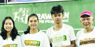 Athena Liwag (left) and Kathlyn Bugna (second from left) share MVP honors, while Rafa Monte de Ramos holds his trophy as they pose with Palawan Pawnshop National Tennis Championships founder Bobby Castro (right) during the awarding ceremony. CONTRIBUTED PHOTO