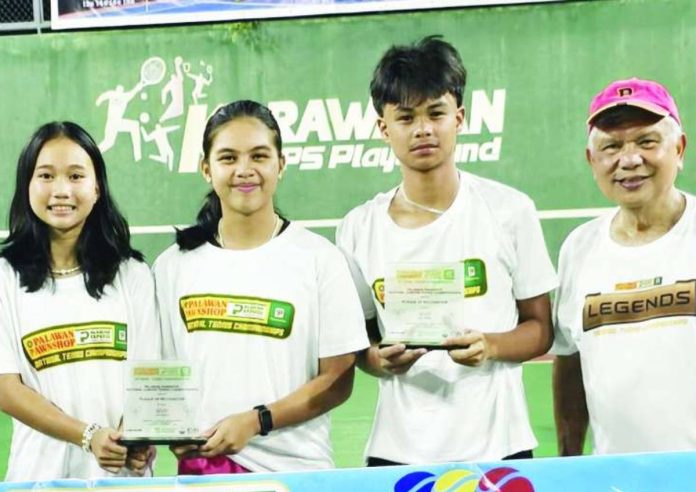 sports Bugna_superimposed Athena Liwag (left) and Kathlyn Bugna (second from left) share MVP honors, while Rafa Monte de Ramos holds his trophy as they pose with Palawan Pawnshop National Tennis Championships founder Bobby Castro (right) during the awarding ceremony. CONTRIBUTED PHOTO