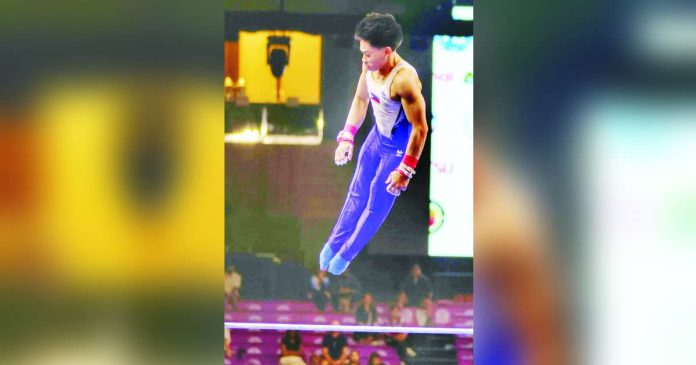 sports Eldrew_superimposed Karl Eldrew Yulo soars high in the vault finals of the 3rd FIG Artistic Gymnastics World Junior Championships. GAP PHOTO