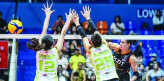 PLDT High Speed Hitters’ Savannah Davison scores against Nxled Chameleons’ Paola Martinez and Mayang Nuique during their PVL Reinforced Conference match. PVL PHOTO