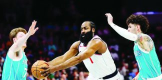Los Angeles Clippers guard James Harden (1) drives to the basket past Charlotte Hornets guard LaMelo Ball. NELL REDMOND/AP PHOTO