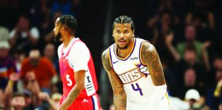 Filipino-American guard Jalen Green of the Phoenix Suns celebrates after drilling a three-pointer against the Los Angeles Clippers. PHOTO COURTESY OF FIELD LEVEL MEDIA