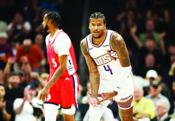 Filipino-American guard Jalen Green of the Phoenix Suns celebrates after drilling a three-pointer against the Los Angeles Clippers. PHOTO COURTESY OF FIELD LEVEL MEDIA