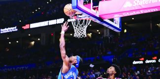 Oklahoma City Thunder guard Shai Gilgeous-Alexander scores on a reverse layup. ESPN PHOTO