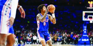 Philadelphia 76ers’ Kelly Oubre Jr. pulls up for a three-point basket. PHOTO COURTESY OF SIXERS WIRE
