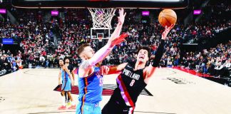 Portland Trail Blazers forward Deni Avdija goes for a tough shot against the defense of Oklahoma City Thunder’s Isaiah Hartenstein. NBA PHOTO