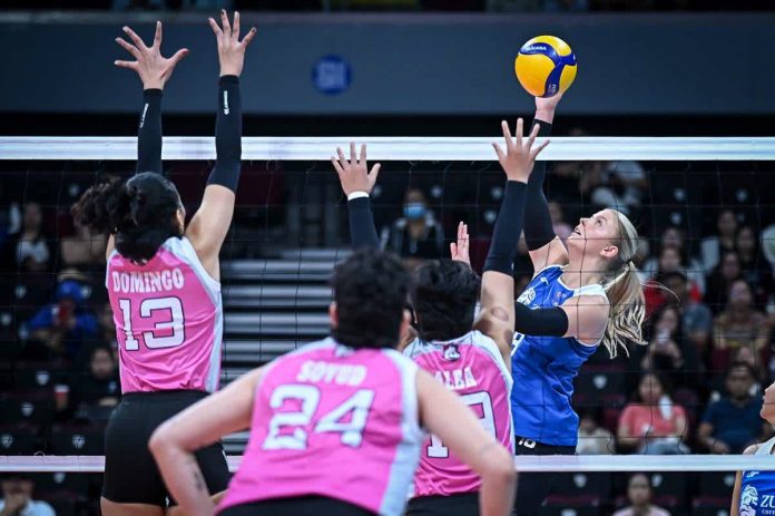 sports_Thunder_resized_compressed Anna DeBeer of ZUS Coffee Thunderbelles rises for a kill against the defense of Akari Power Chargers during their PVL Reinforced Conference clash. PVL PHOTO