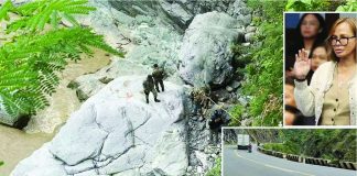 DEEP RAVINE. Investigators examine the rock and boulder-strewn bottom of a deep ravine beside Kennon Road (inset lower right) where the body of former Public Works Undersecretary Maria Catalina Cabral (inset) was found past midnight on December 19, 2025 in Tuba, Benguet. INQUIRER.NET, CONTRIBUTED PHOTOS