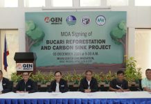 MGEN leads landmark Bucari Reforestation and Carbon Sink Project in Panay Meralco PowerGen Corporation, Department of Environment and Natural Resources, Municipality of Leon, and Bucari Eco-Planters Association officials commit to restore and preserve Bucari. Seen on the photo (from left) are MGEN Thermal Panay Site Head Antonio J. Cabalhug Jr.; MGEN Thermal Chief Operating Officer Arnel L. Santos; MGEN Thermal President and CEO Felino M. Bernardo; DENR Region 6 Director Raul Lorilla; BEPA President Francisco Calicaran, Jr.; Municipality of Leon Administrator Atty. Glenn Cababa-an.