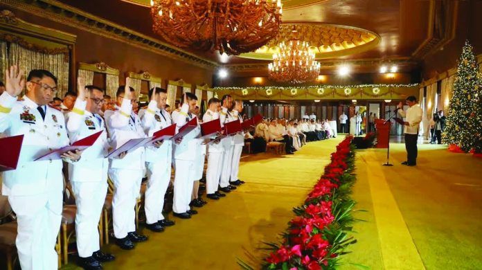 Marcos_warns_copy_resized_compressed “Be firm, be fair, be decisive while remaining fully respectful to the rights and dignity of every single Filipino,” President Ferdinand R. Marcos Jr. tells 50 newly promoted star-ranked officers of the Philippine National Police. Speaking at the oath-taking ceremony in Malacañan Palace, the President says promotion is not merely a recognition of past service, but a call to meet higher standards in leadership and accountability. PCO