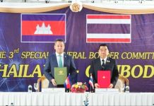 Cambodia's Defense Minister Tea Seiha and Thailand's Defense Minister Natthaphon Narkphanit after the ceasefire was agreed during a special meeting at a border checkpoint in Chanthaburi province, Thailand.