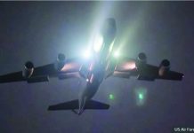 A US Air Force photo handout shows a KC-135 Stratotanker aircraft taking off. BBC