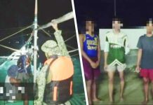 Police and Bantay Dagat personnel inspect a motorboat during a nighttime seaborne patrol that led to the apprehension of two unregistered vessels allegedly engaged in illegal “siklob” fishing in the waters off Barangay Nasidman, Ajuy, Iloilo on December 11, 2025. The second photo shows three of the four suspects, whose identities were withheld, after they were taken into police custody for violations of fishing and environmental laws. IPPO PHOTO