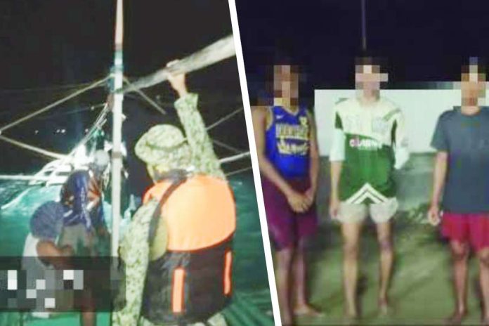 ajuy-bantay-dagat Police and Bantay Dagat personnel inspect a motorboat during a nighttime seaborne patrol that led to the apprehension of two unregistered vessels allegedly engaged in illegal “siklob” fishing in the waters off Barangay Nasidman, Ajuy, Iloilo on December 11, 2025. The second photo shows three of the four suspects, whose identities were withheld, after they were taken into police custody for violations of fishing and environmental laws. IPPO PHOTO