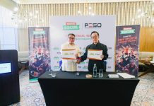 Ceremonial handshake between ArenaSocial Managing Director Erick Su and PeSO Jobert Yu during the partnership announcement.