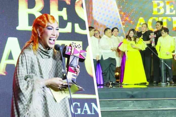 Vice Ganda (left photo) and “I’m Perfect” (right photo) emerge as the biggest winners of the MMFF 2025 Gabi ng Parangal. ABS-CBN/MMFF FACEBOOK PHOTOS