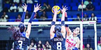 Petro Gazz Angels star Brooke Van Sickle scores against Guimarasnon Jovelyn Gonzaga of the ZUS Coffee Thunderbelles. PVL PHOTO