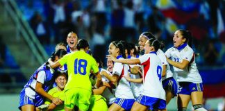 Members of Philippine women’s football team celebrates after goal keeper Olivia McDaniel made a game-winning save against Vietnam. PHOTO COURTESY OF POC MEDIA POOL