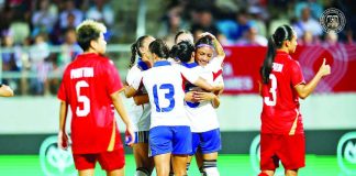 The Philippine women’s football team celebrates after stunning host Thailand in a penalty shootout to reach the SEA Games finals. PFF PHOTO