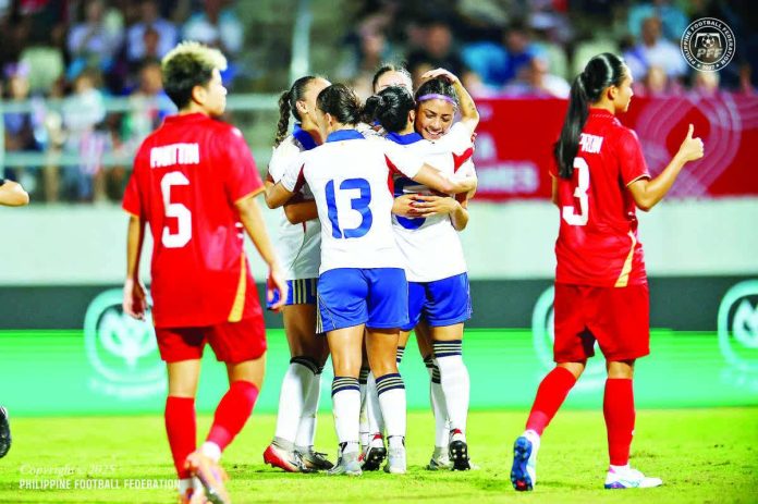 The Philippine women’s football team celebrates after stunning host Thailand in a penalty shootout to reach the SEA Games finals. PFF PHOTO