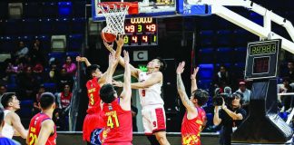 Barangay Ginebra San Miguel Kings’ Earl Scottie Thompson goes for a tough inside basket against the defense of Rain or Shine Elasto Painters. PBA PHOTO