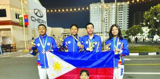 Philippine medalists in para swimming (from left): Bladimir Sebastian Gonzales, Ric Daniel Pasadilla, Raemond Adefuin, Mary Hannah Diesto, and (front) Zach Lucas Obsioma. PSC PHOTO