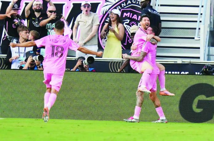 sports_Messi.JPG_resized_compressed Inter Miami CF midfielder Rodrigo De Paul celebrates a goal with forward Lionel Messi and defender Jordi Alba. AP