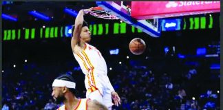 Atlanta Hawks’ Jalen Johnson dunks the ball from the pass by Nickeil Alexander-Walker during the first half of an NBA basketball game in Philadelphia. AP