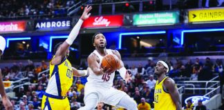 Cleveland Cavaliers’ Donovan Mitchell shoots between Indiana Pacers’ Bennedict Mathurin and Pascal Siakam. AP