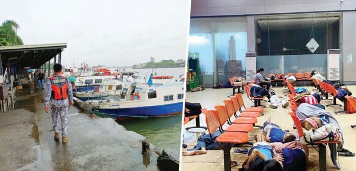 stranded Motorboats from Iloilo City to Guimaras and vice versa were limited to 50 percent of their authorized passenger capacity on Dec. 5, 2025 after Iloilo and Guimaras were placed under Tropical Cylone Wind Signal No. 1 (Photo courtesy of AJ PALCULLO/PN). Right photo shows several passengers spending the night at Parola Wharf in Iloilo City on Friday. (Photo courtesy of BOMBO RADYO ILOILO)