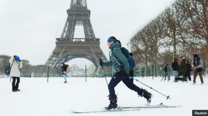 Snow lies on ground outside Schiphol Airport in Amsterdam. REUTERS