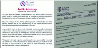 St. Luke’s Medical Center has issued a statement on January 29, 2026, denying the authenticity of President Ferdinand Marcos Jr.’s supposed medical test results that have gone viral.