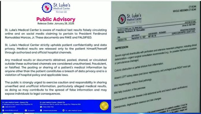 Palace_denounces_fake_copy_resized_compressed St. Luke’s Medical Center has issued a statement on January 29, 2026, denying the authenticity of President Ferdinand Marcos Jr.’s supposed medical test results that have gone viral.