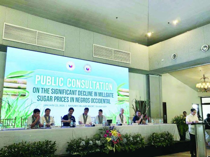 Public_consultation_resized_compressed Government officials, lawmakers, and sugar industry stakeholders convened in a public consultation on January 23 at Nature’s Village Resort in Talisay City, Negros Occidental, to discuss the declining millgate sugar prices and their impact on farmers and workers. MAE SINGUAY/PN