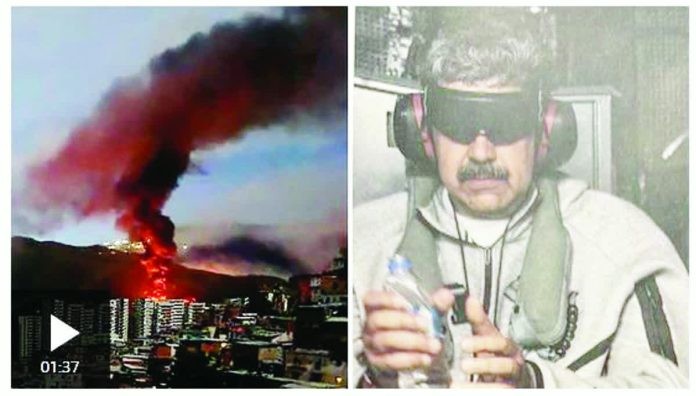 Arrested Venezuelan president Nicolas Maduro is shown here with blacked out goggles and in handcuffs while being flown by a United States helicopter. His arrest followed US military airstrikes in the capital Caras over the weekend.