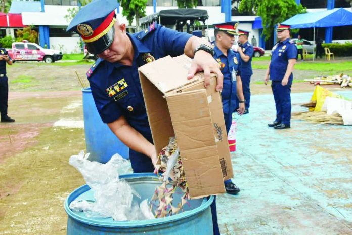 The Negros Occidental Police Provincial Office (NOcPPO) conducted the ceremonial disposal of seized and surrendered firecrackers, pyrotechnic devices, and boga at the NOcPPO Parade Ground on January 7, 2026. NOCPPO PHOTO