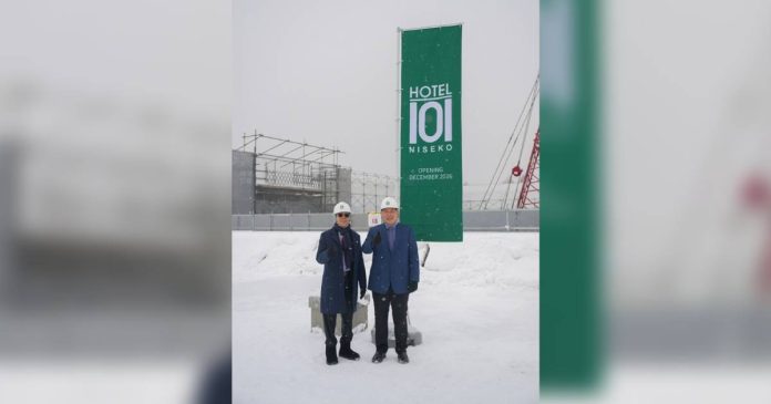 hotel-101-niseko Jollibee Founder Tony Tan Caktiong and Mang Inasal Founder Injap Sia at the topmost floor roofdeck of the 482-room Hotel101-Niseko Hokkaido Japan during the Topping Off Ceremony on December 5, 2025.