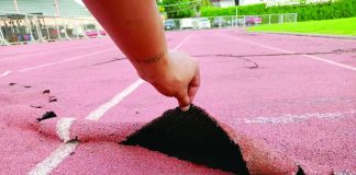 WORN TRACK SURFACE. Portions of the rubberized track oval at the Iloilo Sports Complex in La Paz, Iloilo City peel off and expose the underlying surface, raising safety concerns among athletes and prompting calls for urgent repair after photos of the damage circulated on social media.