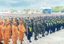 Thousands of police officers, uniformed personnel, and force multipliers stand in formation during the send-off ceremony for the Site Task Group Dinagyang, marking the full deployment of security forces to ensure a safe, orderly, and peaceful Dinagyang Festival 2026 in Iloilo City.