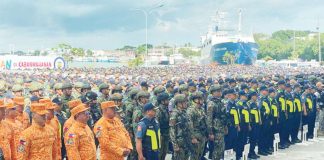 Thousands of police officers, uniformed personnel, and force multipliers stand in formation during the send-off ceremony for the Site Task Group Dinagyang, marking the full deployment of security forces to ensure a safe, orderly, and peaceful Dinagyang Festival 2026 in Iloilo City.