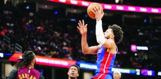 Detroit Pistons guard Cade Cunningham soars for a layup against Cleveland Cavaliers. AP