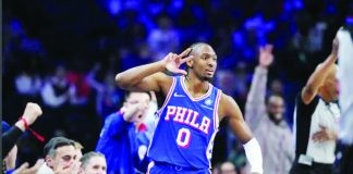 Philadelphia 76ers guard Tyrese Maxey reacts after making a basket against Sacramento Kings. AP